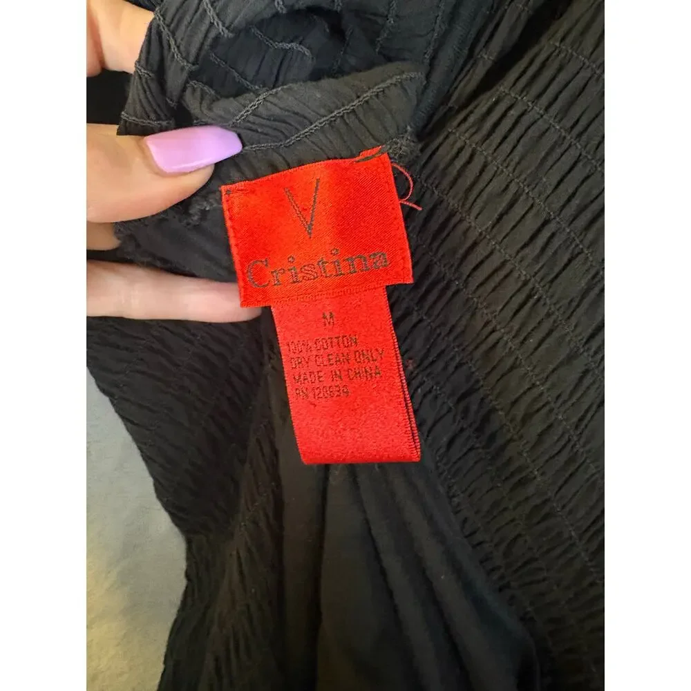 VTG Y2K Black Cotton Boho Maxi Dress Medium Smocked Crochet Knit‎ Slip Casual